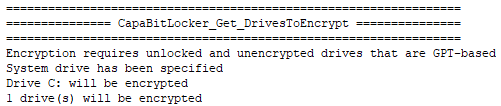 Log output for the System setting: only drive C will be encrypted, 1 drive will be encrypted