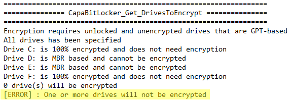 Log output ending in a highlighted ERROR line: One or more drives will not be encrypted