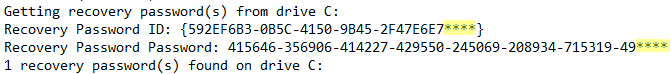 Log output where the last four digits of the recovery password ID and password are replaced with asterisks