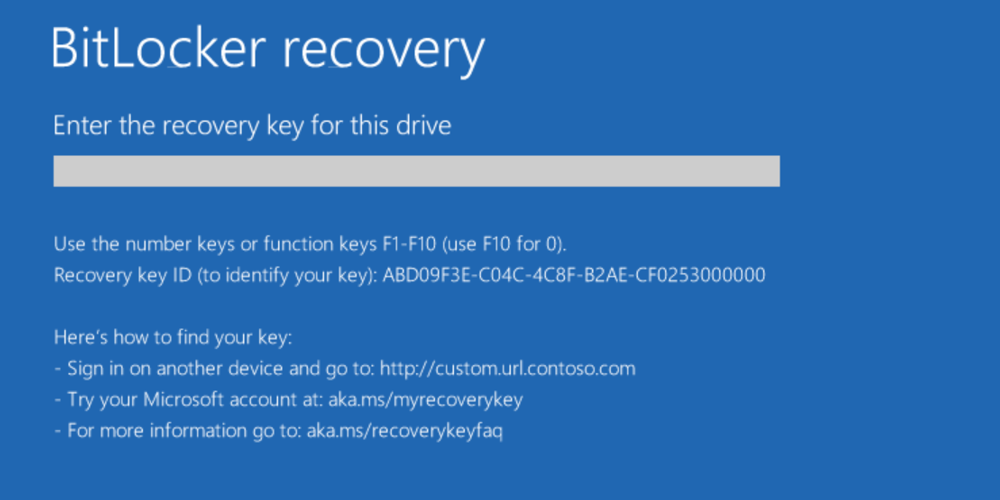 BitLocker recovery screen asking the end-user to enter the recovery key for the drive