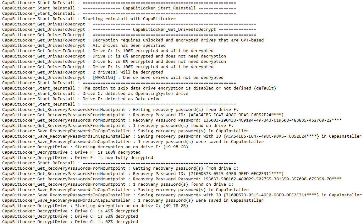 CapaBitLocker reinstall log showing drives being detected, recovery passwords saved in CapaInstaller, and drives being decrypted