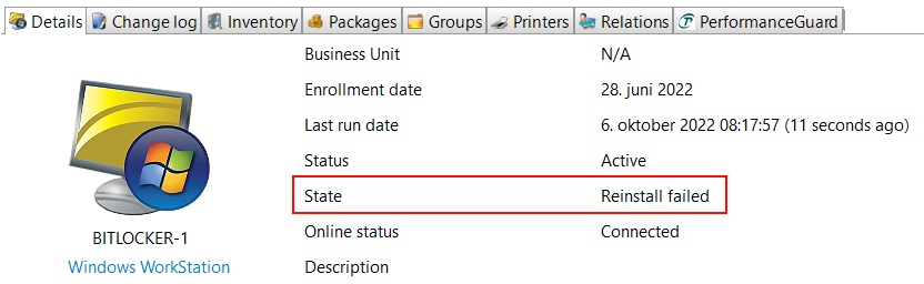 Endpoint Details tab in the CapaInstaller Console with State showing Reinstall failed