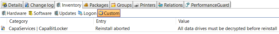 Custom inventory entry showing CapaServices | CapaBitLocker, Reinstall aborted, All data drives must be decrypted before reinstall