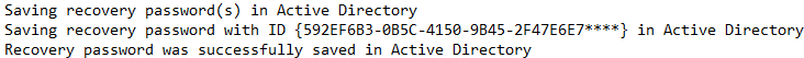 Log output confirming the recovery password was successfully saved in Active Directory