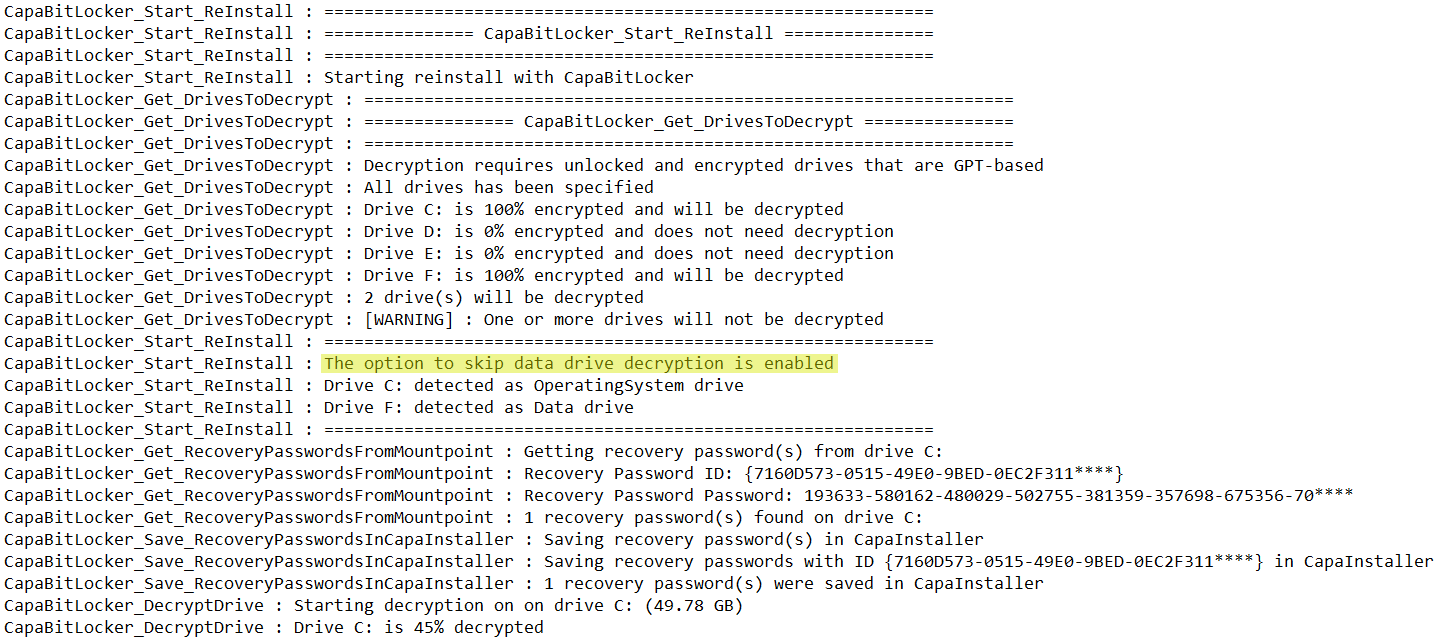 Reinstall log with the highlighted line: The option to skip data drive decryption is enabled