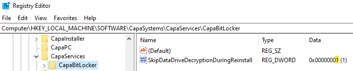 Registry Editor showing the SkipDataDriveDecryptionDuringReinstall DWORD set to 1 under CapaServices\CapaBitLocker