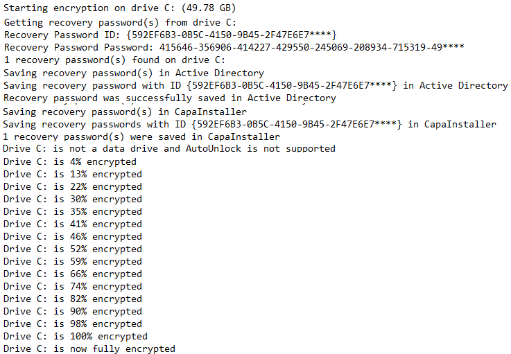 Log output tracking encryption of drive C from 4% to 100%, after saving the recovery password in Active Directory and CapaInstaller