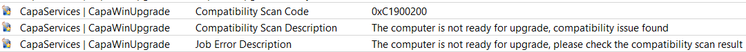 Custom inventory entries showing Compatibility Scan Code 0xC1900200, and descriptions stating the computer is not ready for upgrade