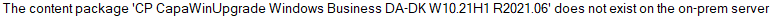 Log line naming the content package that has not been downloaded on-prem
