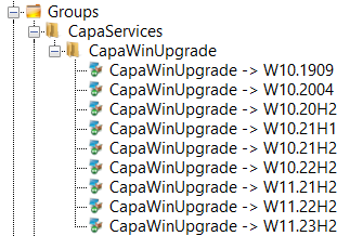 CapaInstaller group tree under CapaServices → CapaWinUpgrade, with one control group per target version such as W10.1909, W11.22H2, and W11.23H2