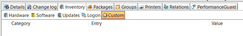 CapaInstaller Console Inventory tab with the Custom sub-tab selected and no entries listed