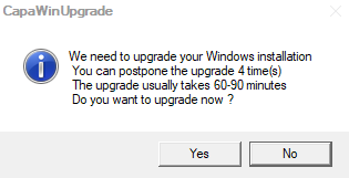CapaWinUpgrade dialog asking the user to upgrade now, noting the upgrade can be postponed 4 times and usually takes 60-90 minutes