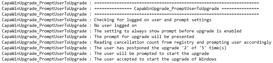 Log output explaining that the upgrade prompt is shown