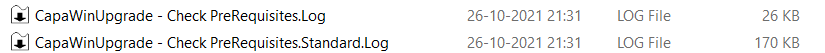 The same two log files after the switch - CapaWinUpgrade - Check PreRequisites.Log at 26 KB and the matching .Standard.Log at 170 KB