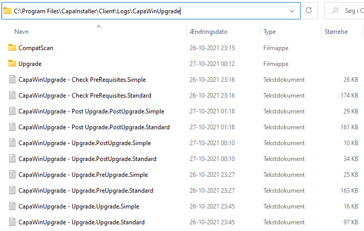 Windows Explorer showing the CapaWinUpgrade log folder with simple and standard logs named per phase - PreUpgrade, Upgrade, and PostUpgrade