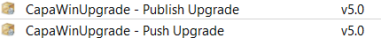 Package list showing CapaWinUpgrade - Publish Upgrade and CapaWinUpgrade - Push Upgrade, both v5.0