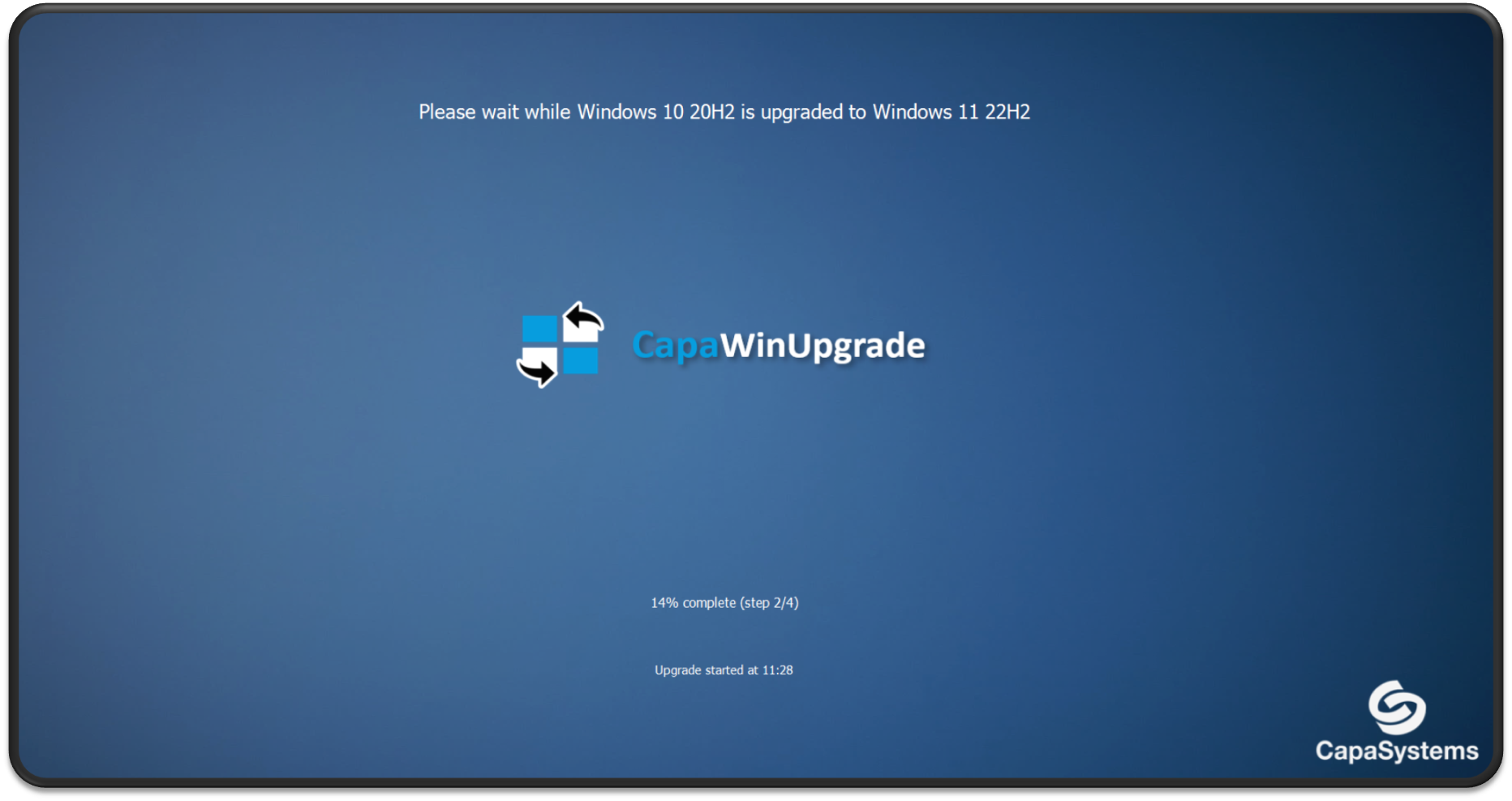 CapaWinUpgrade installation screen showing an upgrade from Windows 10 20H2 to Windows 11 22H2 stalled at 14% complete, step 2 of 4