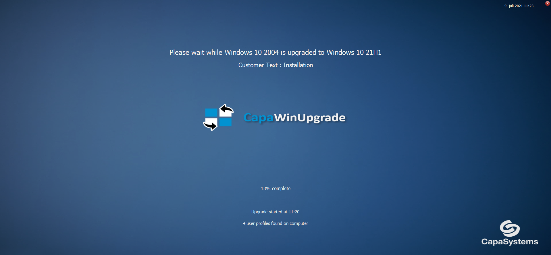 Blue CapaWinUpgrade installation screen during an upgrade from Windows 10 2004 to Windows 10 21H1, showing 13% complete