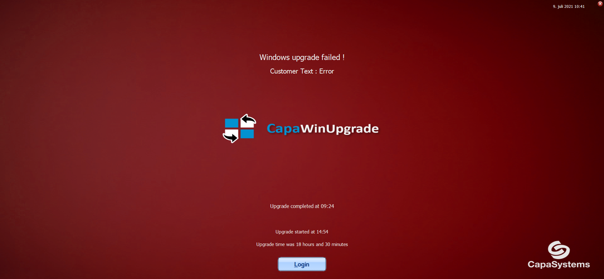 Red CapaWinUpgrade installation screen reading “Windows upgrade failed!” with a Login button