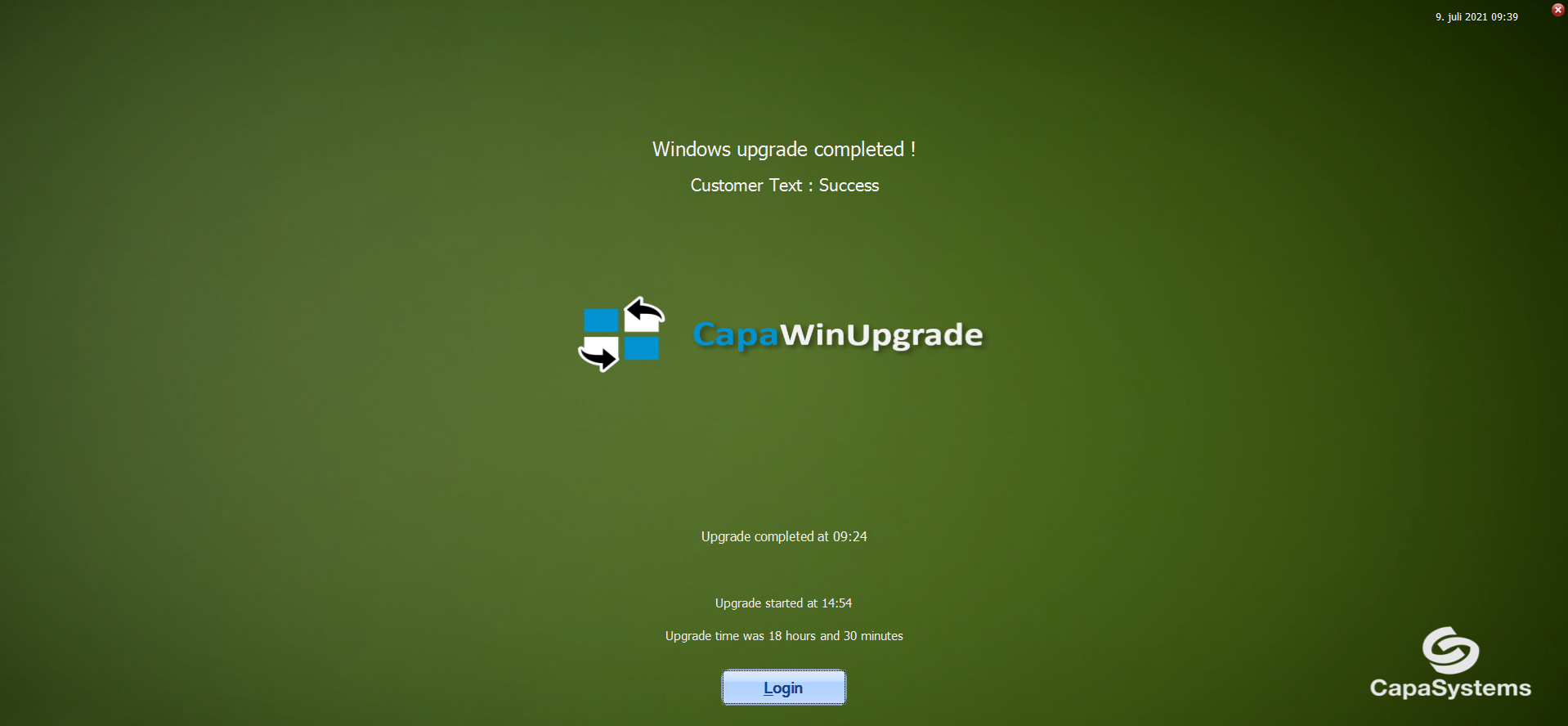 Green CapaWinUpgrade installation screen reading “Windows upgrade completed!” with a Login button