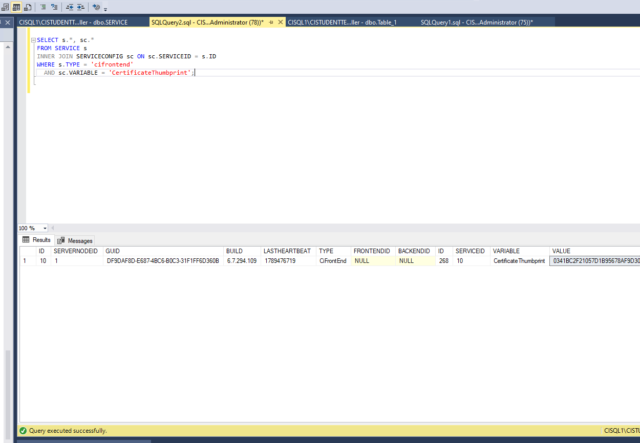 Result of the Front-end Service query in SQL Server Management Studio, showing the CertificateThumbprint variable and its VALUE column