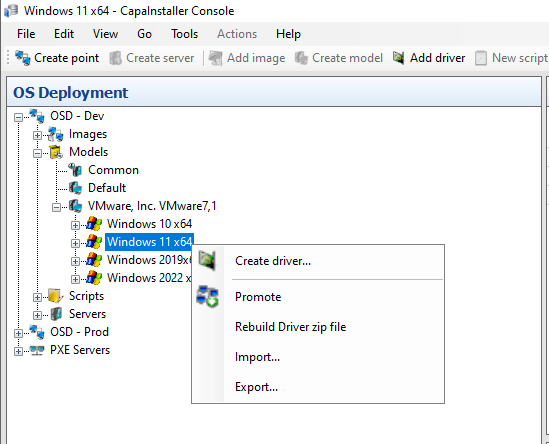 Creating a driver from a model in the OS Deployment tree