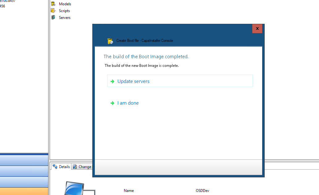 Build completed dialog with Update servers option