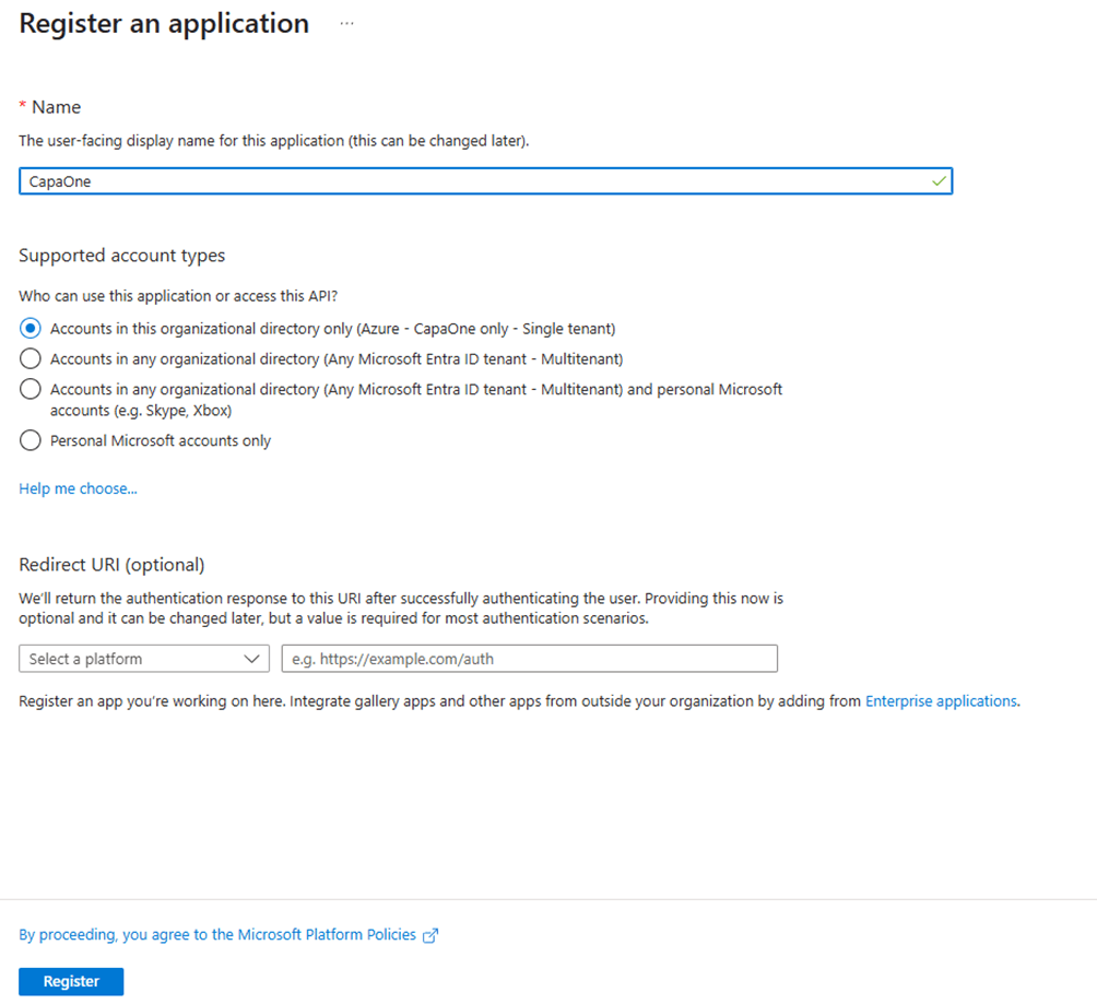 Register an application form with name and supported account types