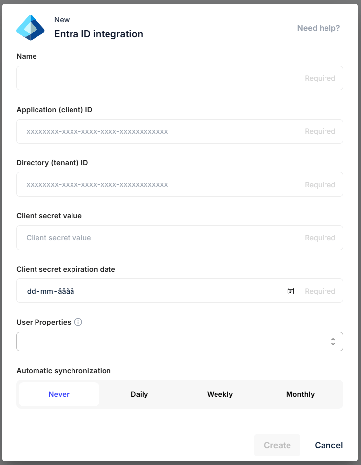 New Entra ID integration form with name, client ID, tenant ID, and client secret
