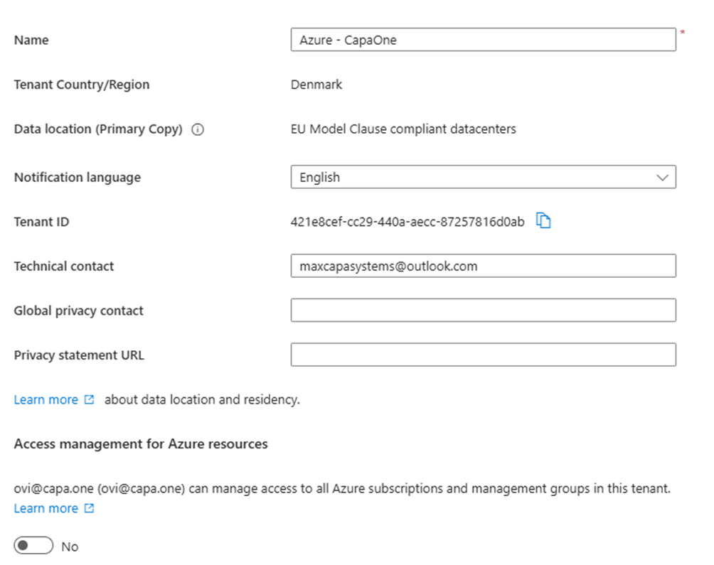 Entra ID Properties page showing the Tenant ID