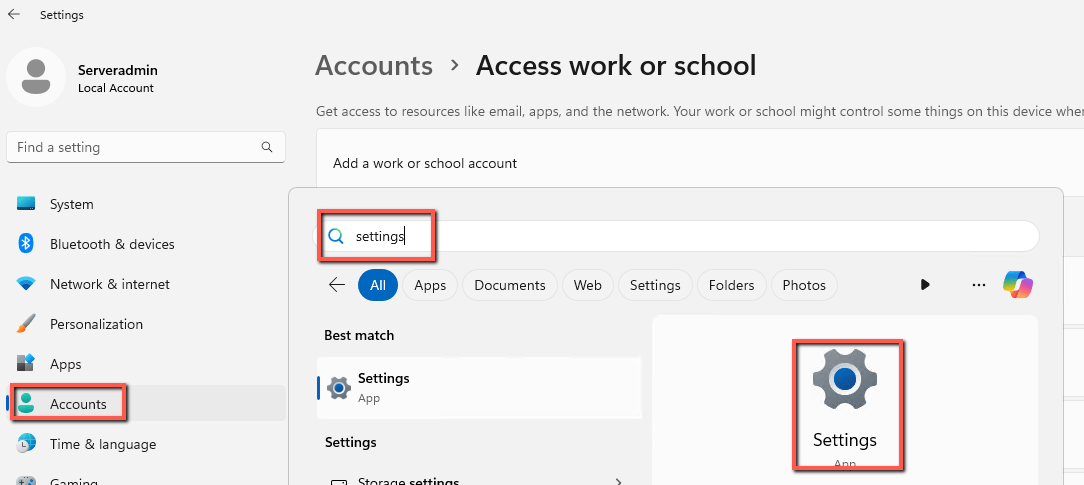 Windows Access work or school settings with no connected account