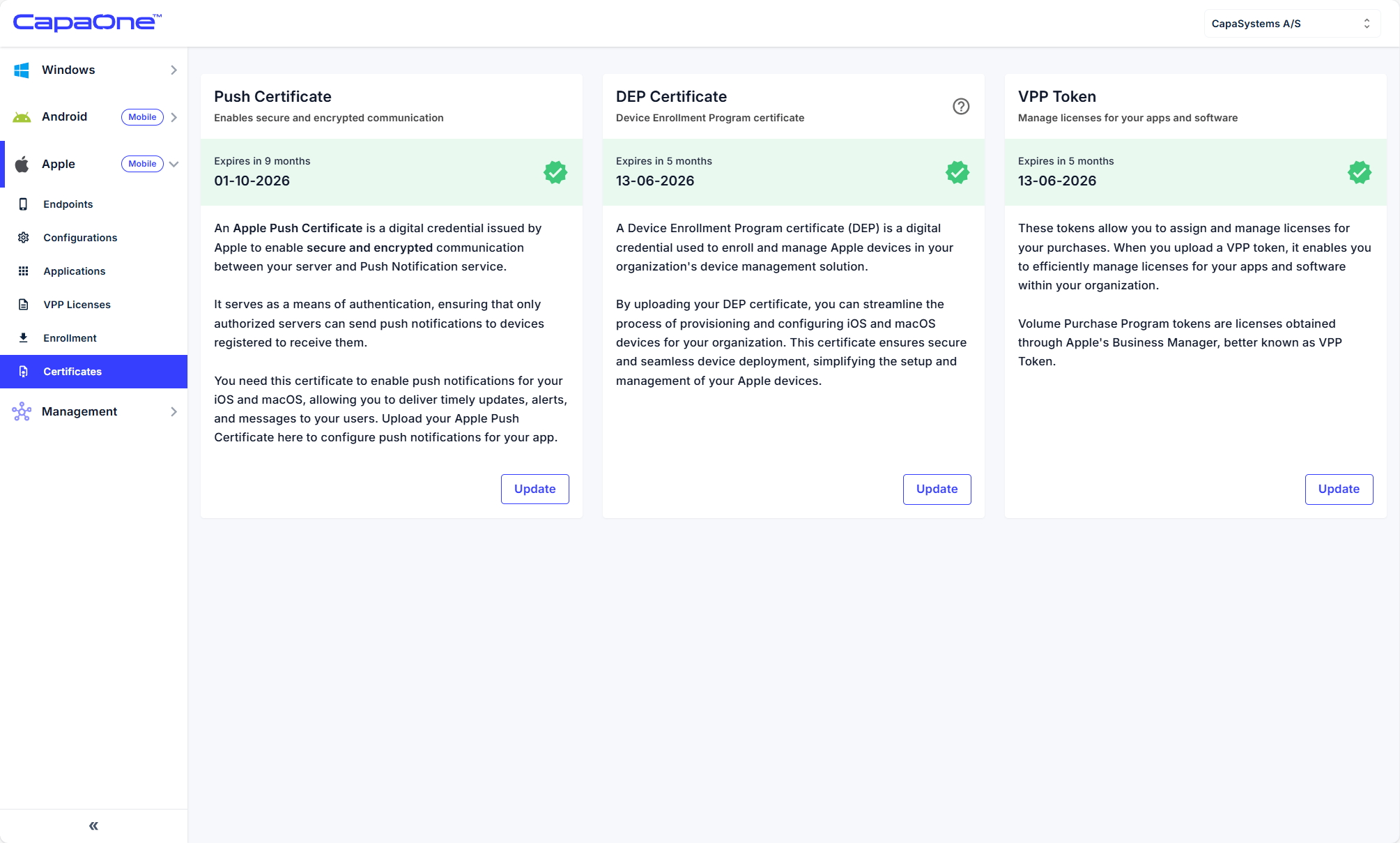 CapaOne DEP certificate page linked with the Apple Business Manager MDM server