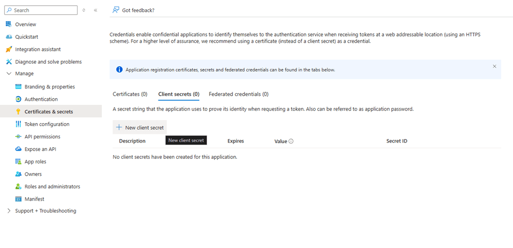 Certificates and secrets page with the New client secret button