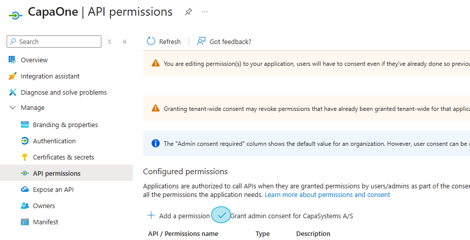 API permissions list after granting admin consent