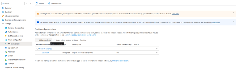 App registration sidebar with API permissions and the Add a permission button