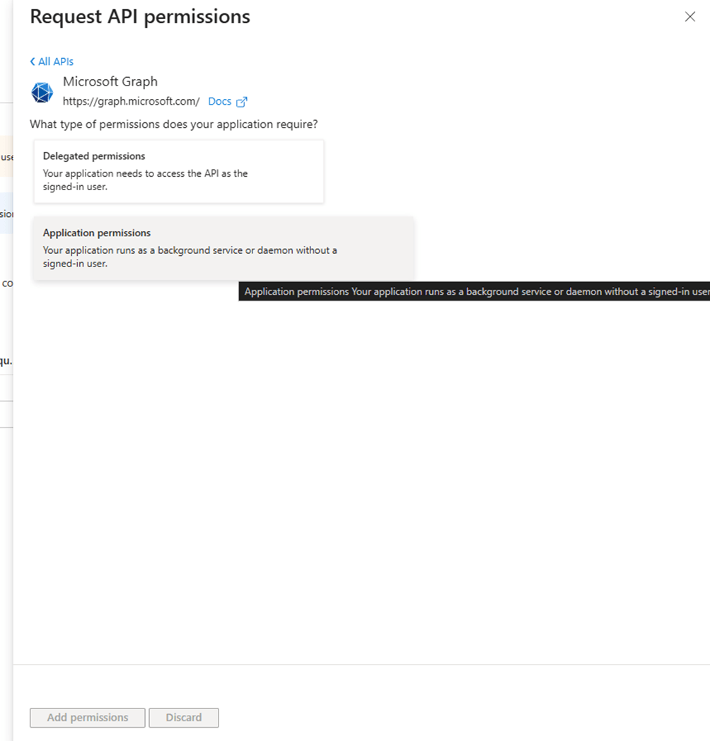 Microsoft Graph permission type with Application permissions selected