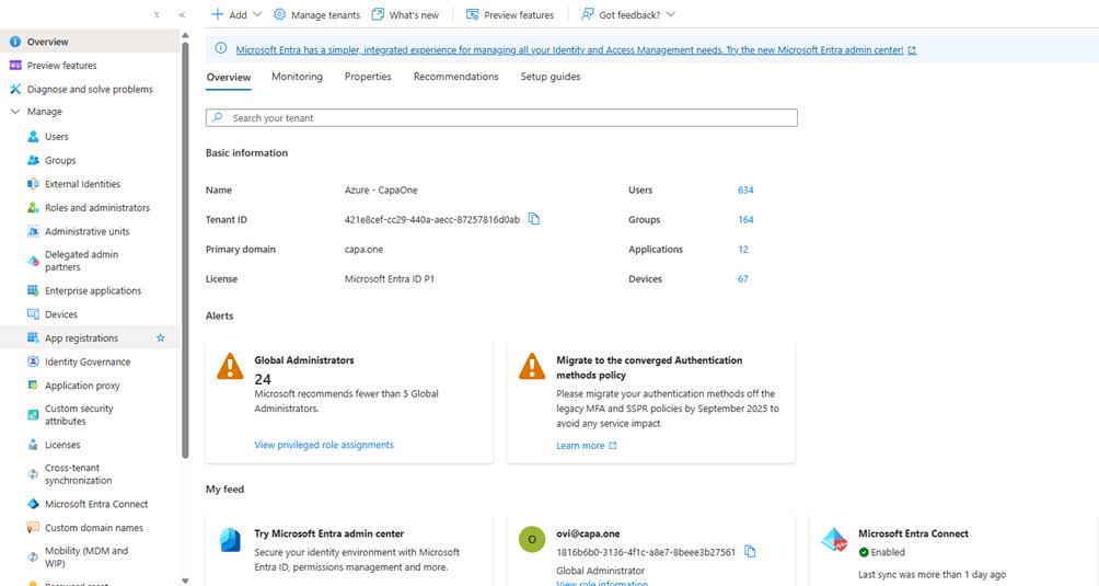 Microsoft Entra ID overview with App registrations in the sidebar