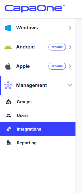 CapaOne management portal with Integrations in the left pane