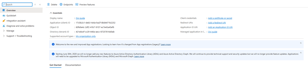 App registration overview with the Add a certificate or secret link