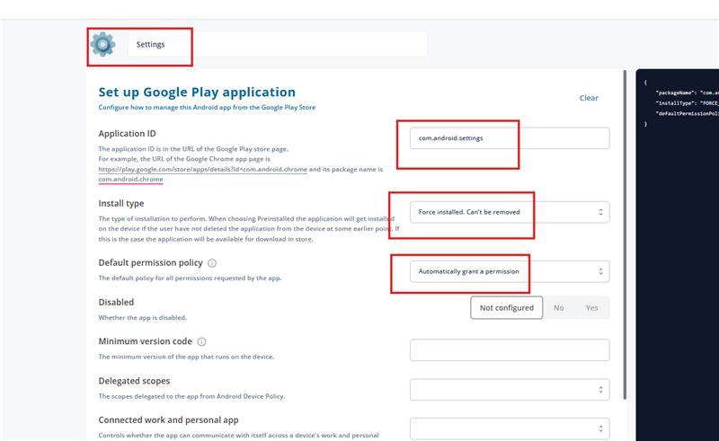 Google Play app configured with the Samsung Settings application ID