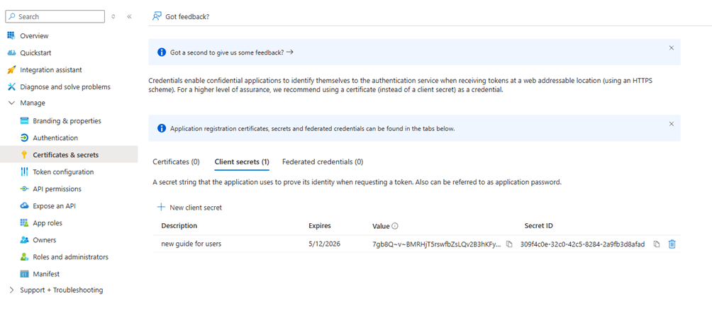 Client secret Value and Secret ID columns ready to copy