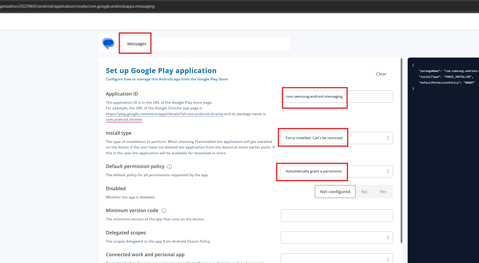 Google Play app configured with the Samsung Messages application ID