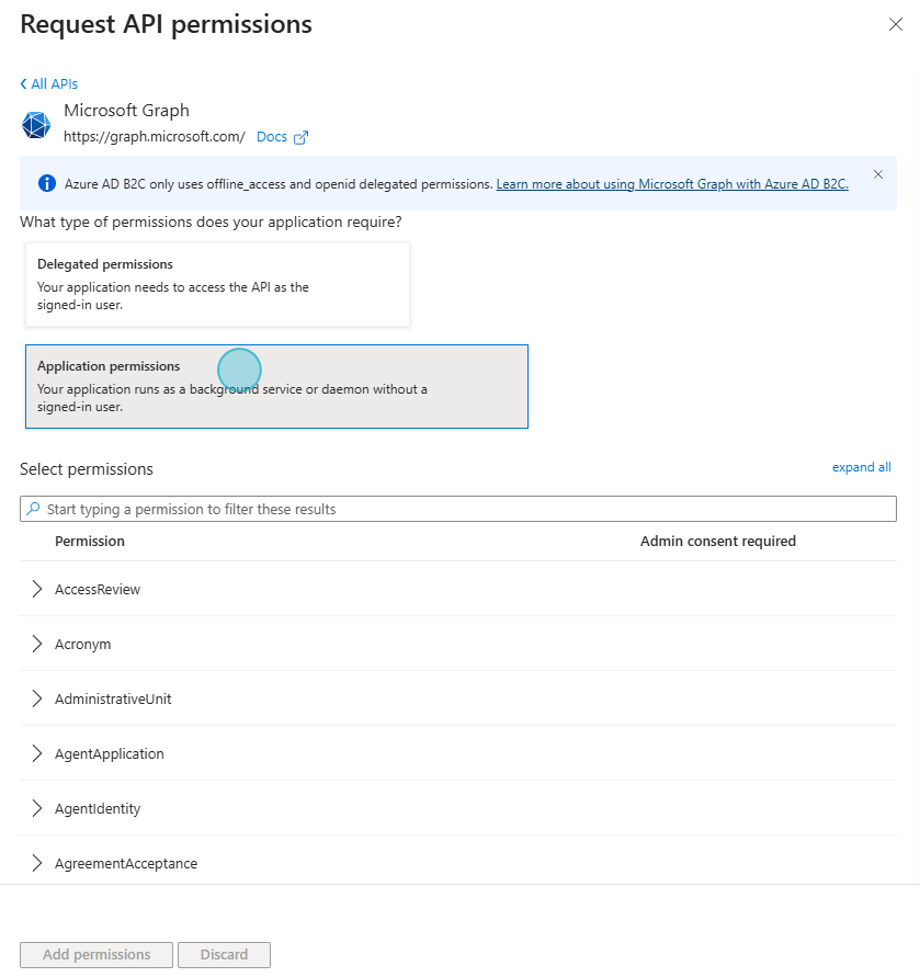 Microsoft Graph application permissions selected for Intune
