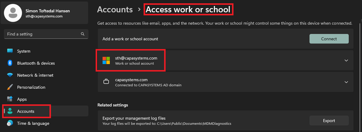 Account details for a connected work or school account