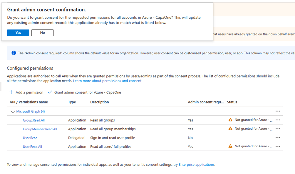 Grant admin consent confirmation dialog