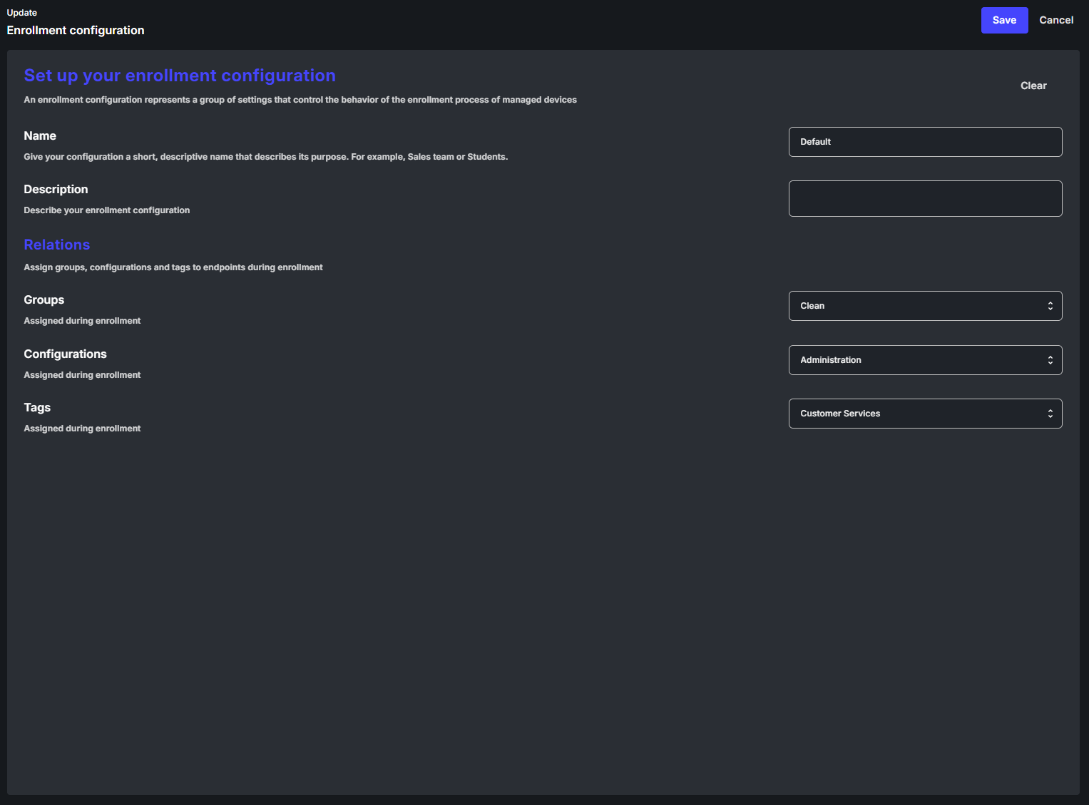 The enrollment configuration editor