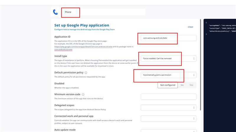 Google Play app configured with the Samsung Phone application ID