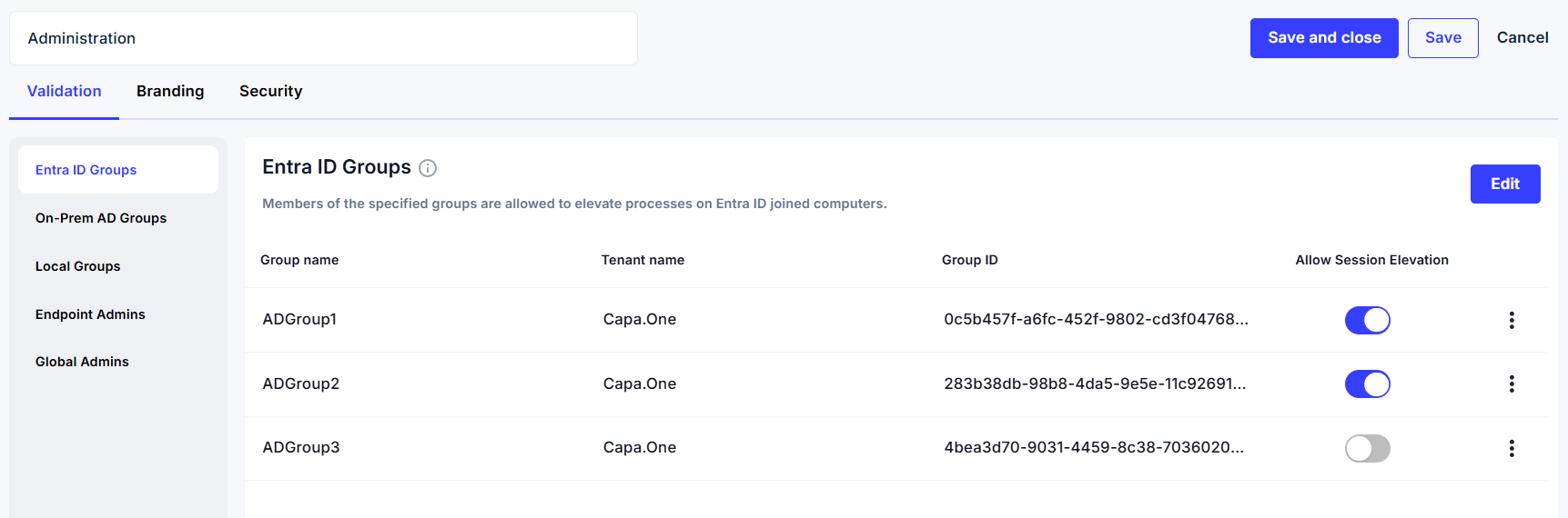 Validation section listing users and groups allowed to use session elevation