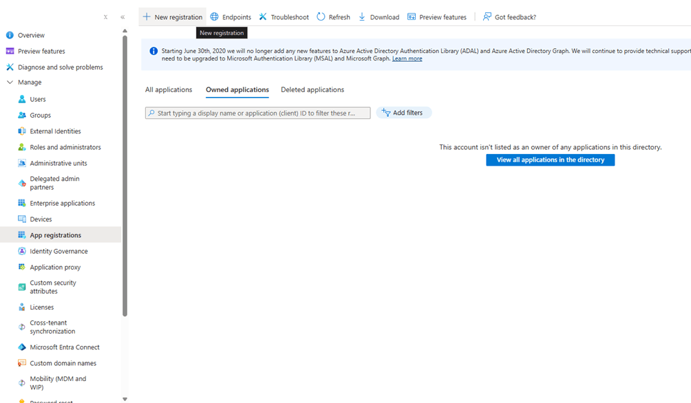 App registrations page with the New registration button