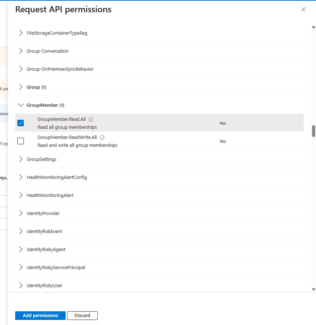 GroupMember permissions expanded with GroupMember.Read.All checked